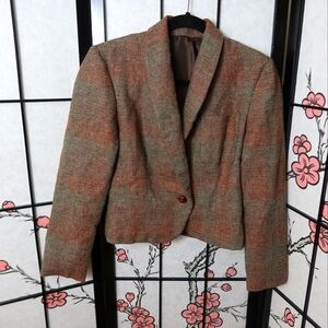 Elegant Brown Green Checkered Women's Blazer Small
